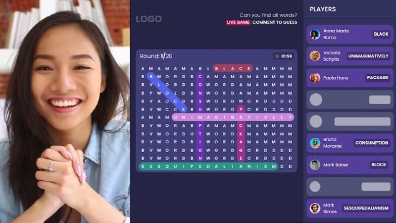 Live video word search quiz game